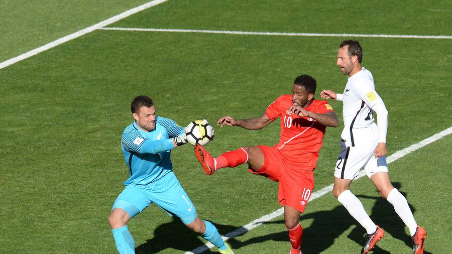 All Whites' goal keeper Stefan Marinovic under pressure from Peru's Jefferson Farfan. (Image \ Photosport)