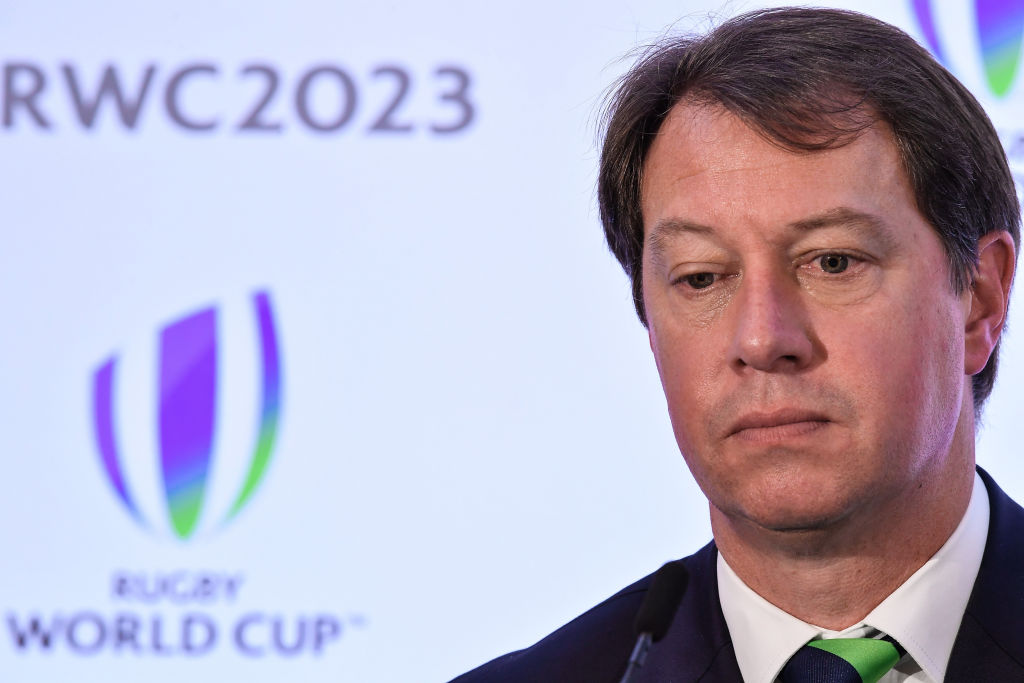 South Africa Rugby CEO Jurie Roux after the Rugby World Cup 2023 host union announcement. (Photo \ Getty Images)