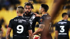 Danny Levi, Adam Blair and Shaun Johnson during the 2017 Rugby League World Cup Quarter Final match between NZ and Fiji. (Photo \ Getty Images)