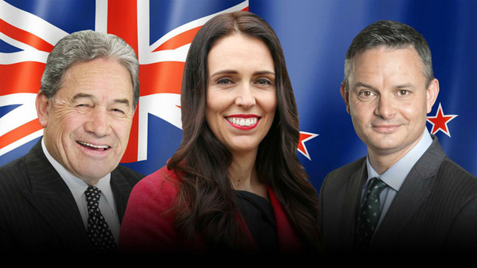 Prime Minister Jacinda Ardern, NZ First leader Winston Peters, NZ Green Party leader James Shaw. (Photo \ Getty Images)