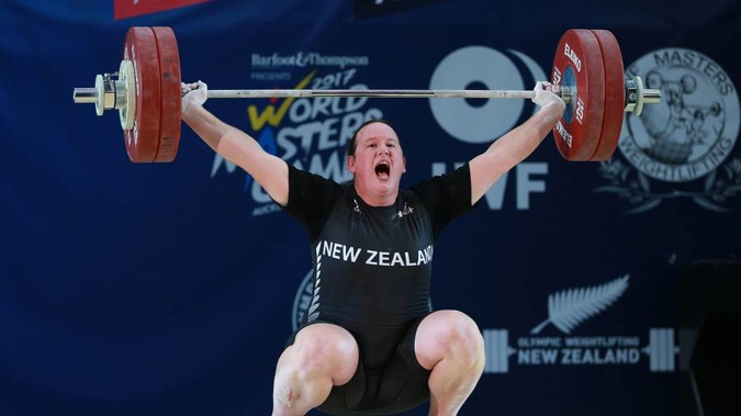 Transgender athlete Laurel Hubbard competing today in the weightlifting compeition of the World Masters Games at AUT Millennium in Auckland. (Doug Sherring)