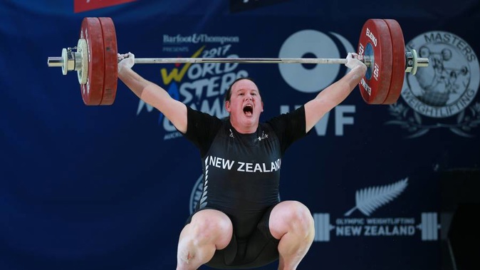 Transgender athlete Laurel Hubbard competing today in the weightlifting compeition of the World Masters Games at AUT Millennium in Auckland. (Doug Sherring)