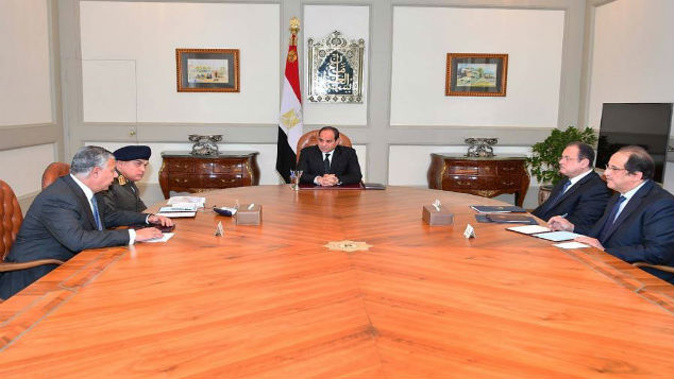 Abdel-Fattah El-Sissi, centre, meeting with officials in Cairo after militants attacked a crowded mosque during Friday prayers in the Sinai Peninsula. (Photo: AP)