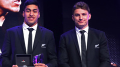 Rieko Ioane and Beauden Barrett at the World Rugby awards. (Photo \ Getty Images)