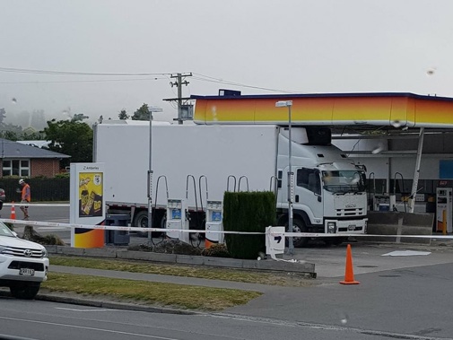 A truck is stuck in the forecourt of a North Canterbury Z service station. (Photo \ Chelsea Daniels)