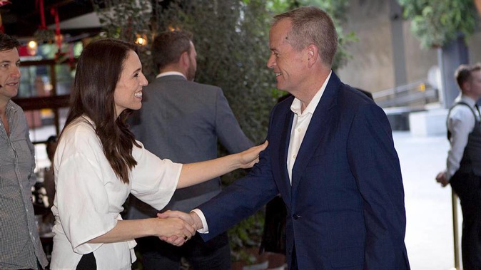 Jacinda Ardern and Australia's Labour leader meet before a dinner in Skycity. (Photo/ NZ Herald)