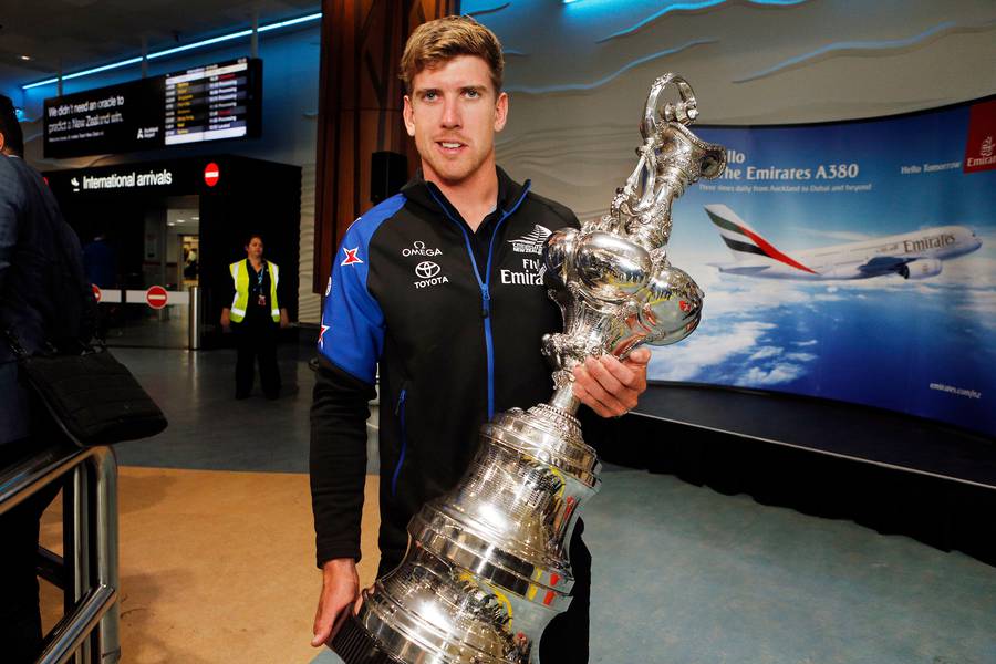Emirates Team NZ helmsman, Peter Burling with the Americas Cup - won the supreme award and sportsman of the year at the 2017 BOP Sports Awards. (Photo / Photosport)