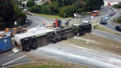 The truck rolled Friday morning. (Photo / Otago Daily Times)