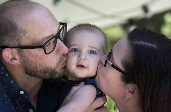 Sean and Amanda Gordon with their 6 month-old son Lachlan. Amanda had Lachlan when she was 43 years-old. (Photo / Brett Phibbs)