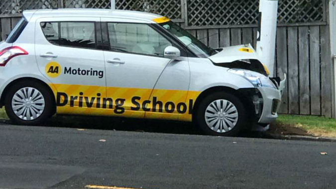 The AA driving school car crashed into a power pole in Onehunga. Photo / Supplied