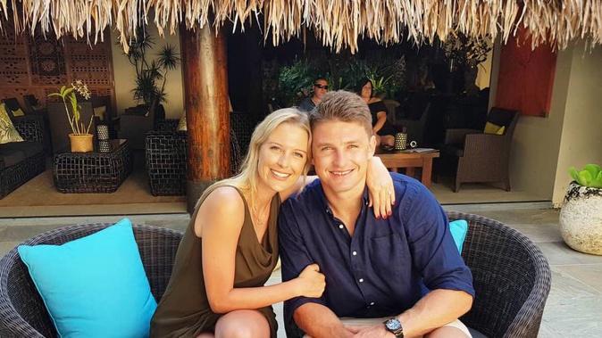 Beauden Barrett is engaged to long-time partner Hannah Laity. (Photo / Twitter)