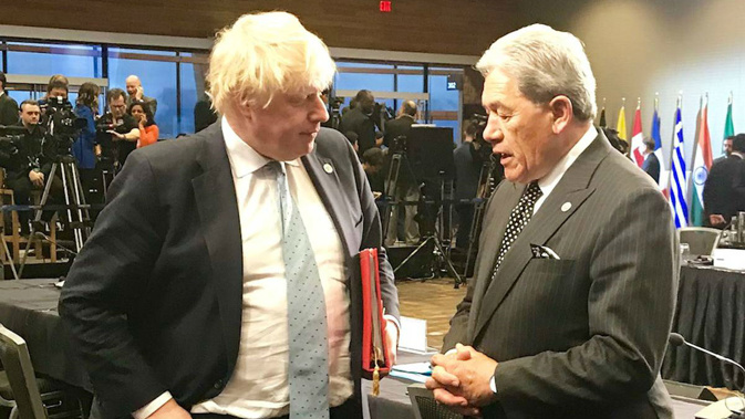 Foreign Minister Winston Peters and British Foreign Secretary Boris Johnson in Vancouver, during the Vancouver Foreign Ministers' Meeting on North Korea. (Photo / Supplied)
