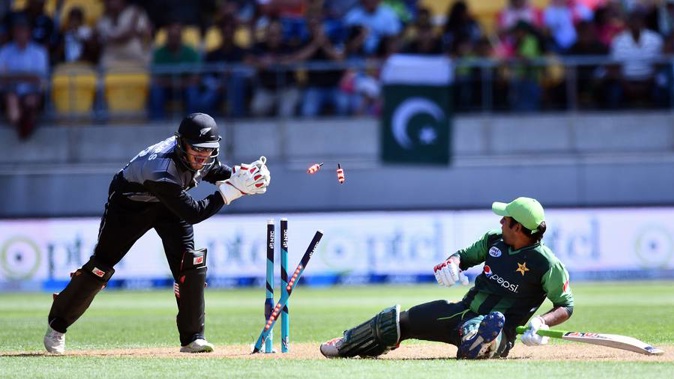 Blackcaps wicket-keeper Glenn Phillips completes the stumping of Pakistan captain Sarfaraz Ahmed during the First T20 International game between Black Caps v Pakistan. (Photo / Photosport)