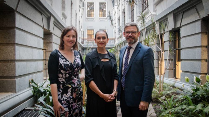 Minster for Women Julie Anne Genter (left) and Workplace Relations Minister Iain Lees-Galloway (right) with Traci Houpapa, who will facilitate the Joint Working Group on Pay Equity. (Photo / NZH)