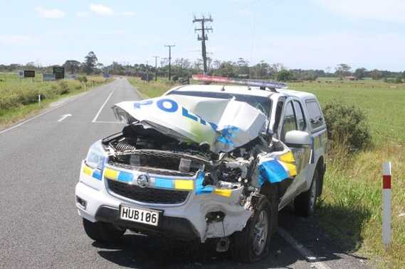 The police vehicle rammed by the fleeing driver. Photo/Northland Age