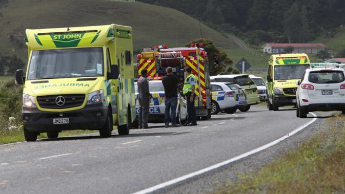 Police and emergency services at the scene of a serious accident on Jordan Valley Rd, Whangarei, which left a mum and her five children injured, two of them critically. (Photo / John Stone)