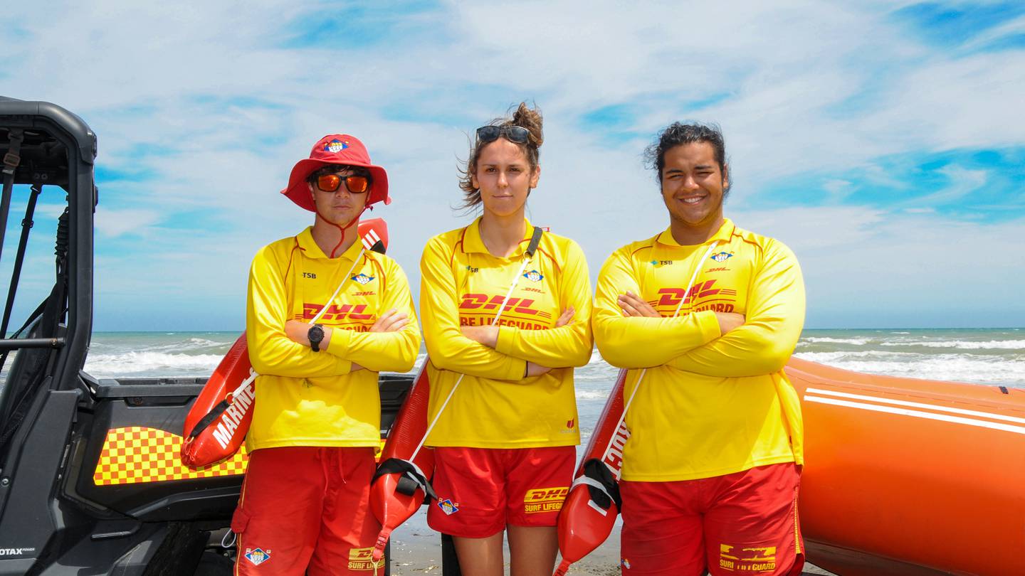 Three of the Whanganui surf lifesavers involved in Saturday's rescue were (from left) Layton Comp, Shannon Schimanski and Phoenix Grammaticogiannis. Photo / Lewis Gardner