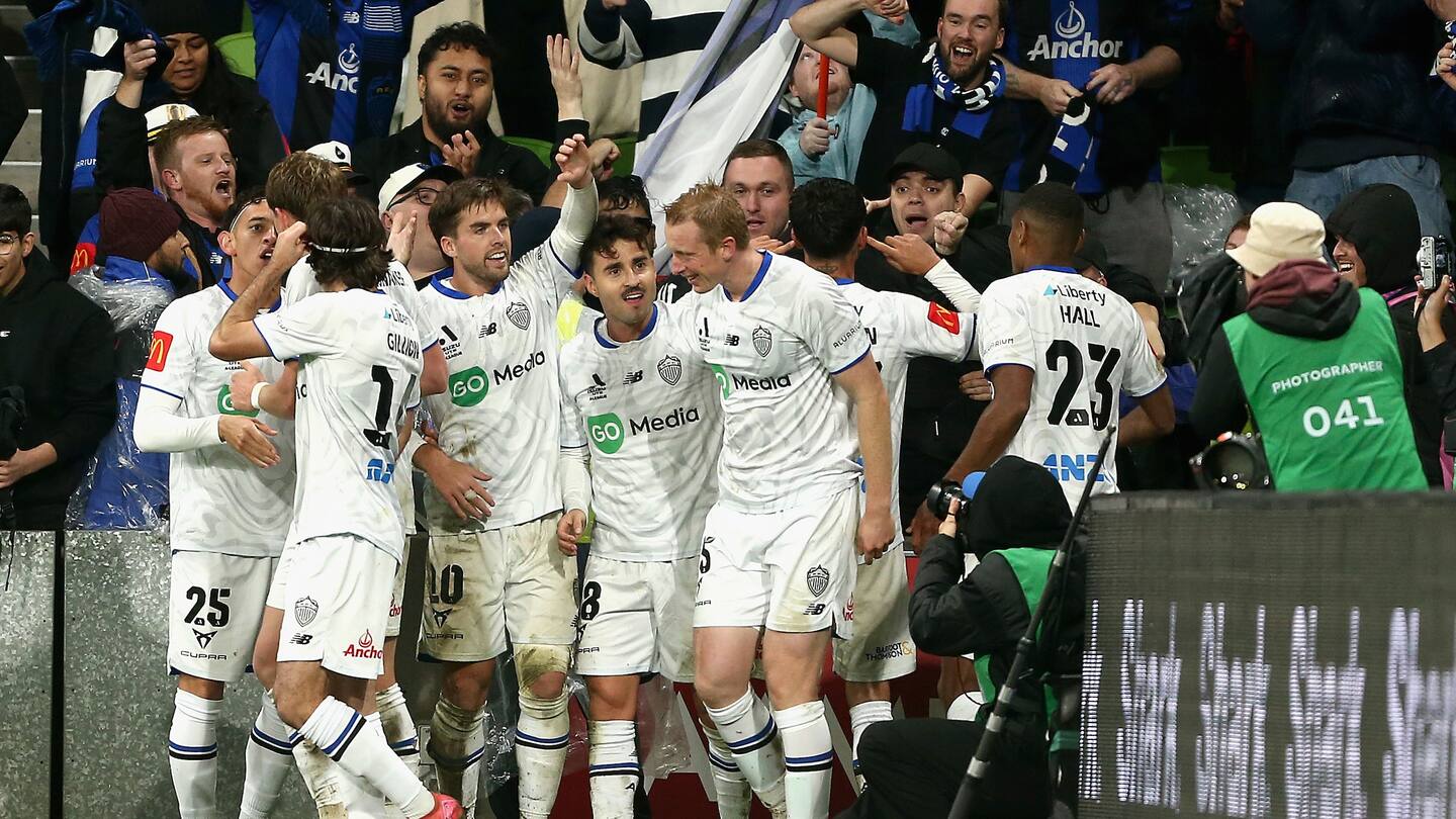 Auckland FC celebrate their priceless goal in Melbourne. Photo / Photosport