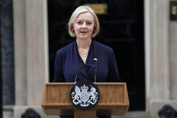Liz Truss making a statement outside 10 Downing Street, London, where she announced her resignation as Prime Minister. Photo / Getty