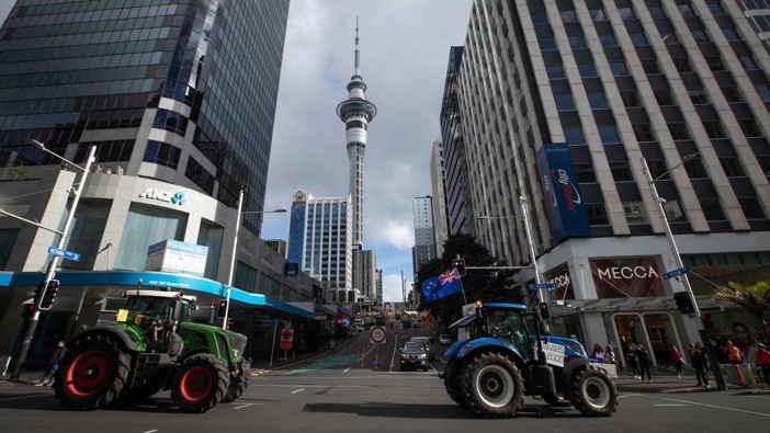 Tractors take part in the Groundswell protest on Queen St. Photo / Michael Craig