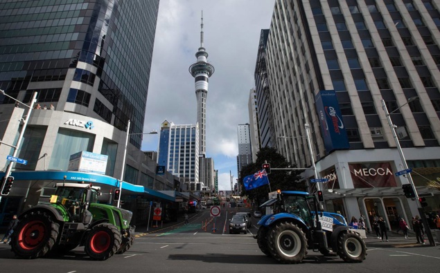 Tractors take part in the Groundswell protest on Queen St. Photo / Michael Craig