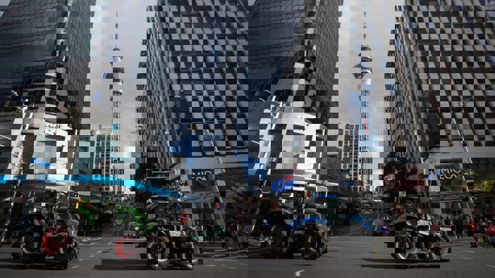 Tractors take part in the Groundswell protest on Queen St. Photo / Michael Craig