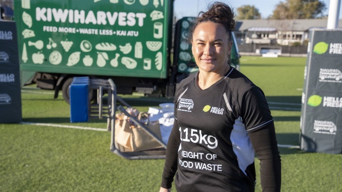 Rugby World Champion Portia Woodman-Wickliffe pushed a rugby scrum machine with 115 kilograms of food. Photo / Michael Craig