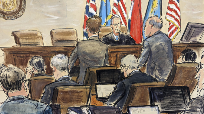 This artist sketch depicts Dominion Voting Systems attorney Justin Nelson, standing left, and Fox News attorney Daniel Webb, standing at right, speaking to Judge Eric Davis before finishing jury selection in Delaware Superior Court. Photo / AP
