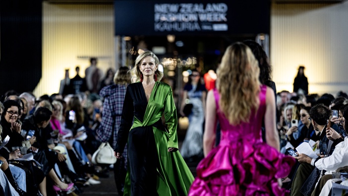 Lorraine Downes taking part in the NZ Fashion Week opening show called "Into the Archives". Photo / Dean Purcell