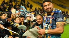 Ardie Savea with Moana Pasifika fans this season. Photo / Photosport