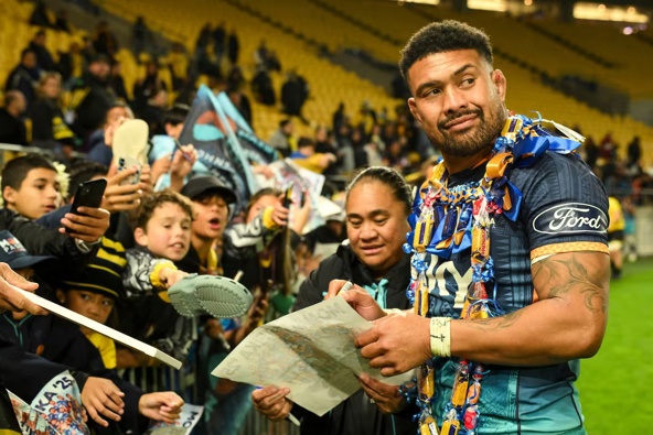 Ardie Savea with Moana Pasifika fans this season. Photo / Photosport