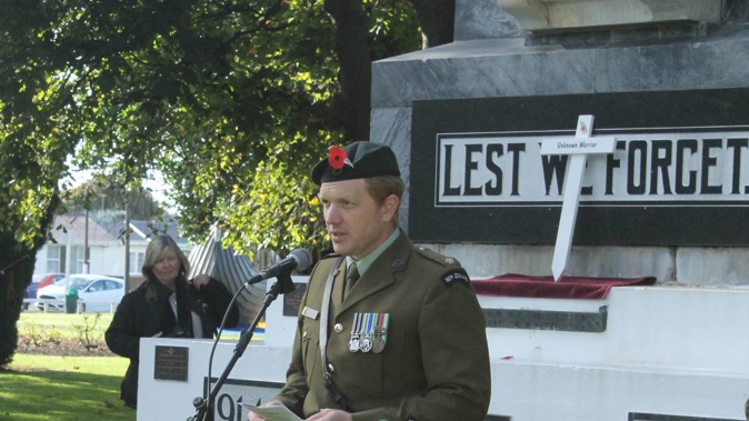 Major Richard Short spoke on technology in warfare at the dawn service and briefly at the civic service. Photo / Leanne Warr