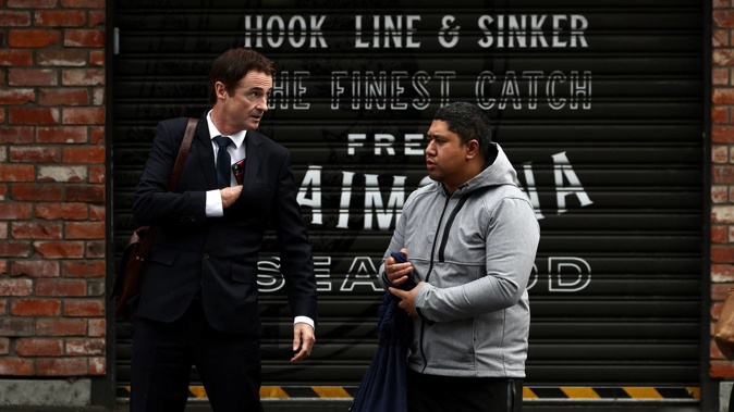 Mauha Fawcett with his lawyer Chris Stevenson outside court in Christchurch today. (Photo / George Heard)