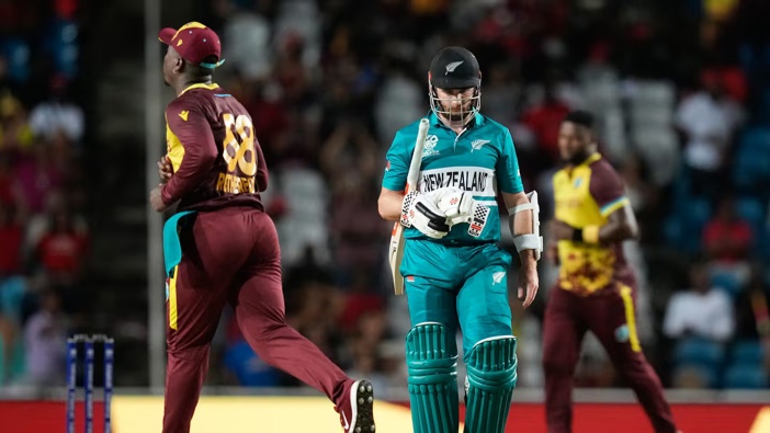 Kane Williamson leaves the field after his dismissal against the West Indies. Photo / AP