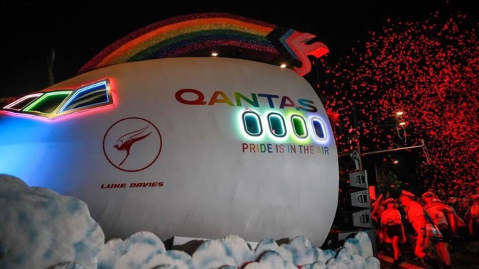 The Qantas float at the Sydney’s Mardi Gras Parade paid tribute to alleged murder victim Luke Davies, by placing his name on the float. Photo / Getty Images