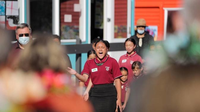 Students welcome Prime Minister Jacinda Ardern and fellow MPs to Sylvia Park School. Photo / Michael Craig