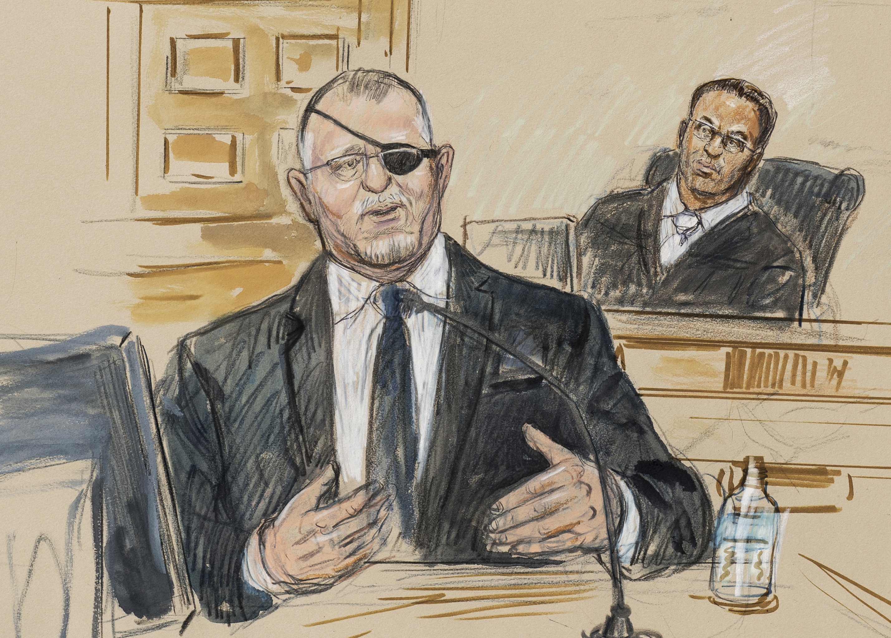 This artist sketch depicts the trial of Oath Keepers leader Stewart Rhodes. Photo / AP