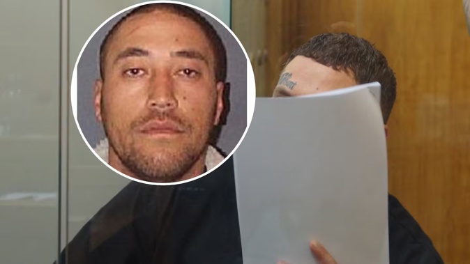 Wiremu Johnson shielded his face during sentencing in the Nelson District Court on rape and drugs charges. Photo / NZME composite