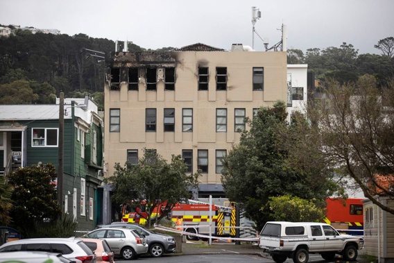 The scene of the Loafers Lodge hostel fire in Newtown, Wellington on day three, 18 May 2023. Photo / George Heard