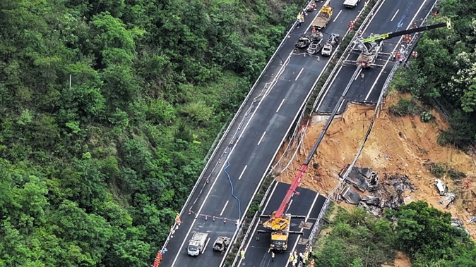 In this photo released by Xinhua News Agency, an aerial photo shows rescuers work at the site of a collapsed road section of the Meizhou-Dabu Expressway in Meizhou, south China's Guangdong Province, Wednesday, May 1, 2024. Photo / Xinhua News Agency via AP