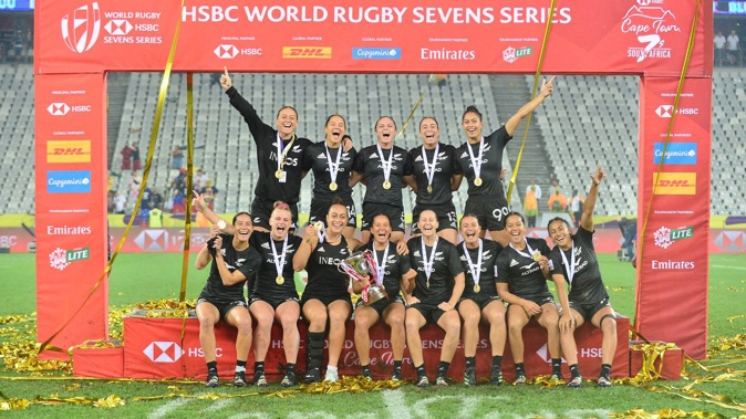 The Black Ferns Sevens celebrate after the Cup Final at the Cape Town Sevens. Photo / Getty
