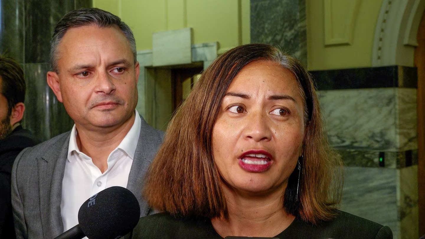 Greens co-leaders James Shaw and Marama Davidson fronting the media on their way into the House, Parliament, Wellington. 28 March, 2023. NZ Herald photograph by Mark Mitchell