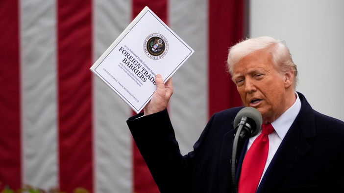US President Donald Trump speaks during a tariff announcement in the Rose Garden of the White House in Washington, DC, US, on Wednesday, April 2, 2025. Trump plans to roll out tariffs on global trading partners, the centerpiece of his effort to bring back manufacturing to the US and reshape a world trade system he has long decried as unfair. Photographer: Kent Nishimura/Bloomberg via Getty Images