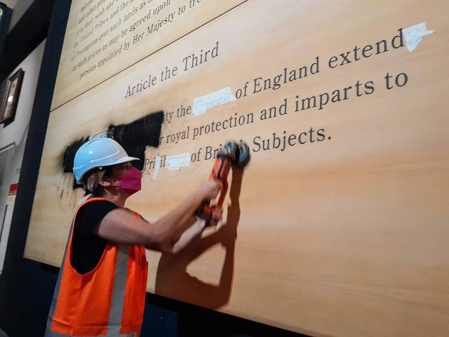 Protestors used an angle grinder and spray paint to deface the exhibition in Te Papa. Photo / National Iwi Chairs Forum