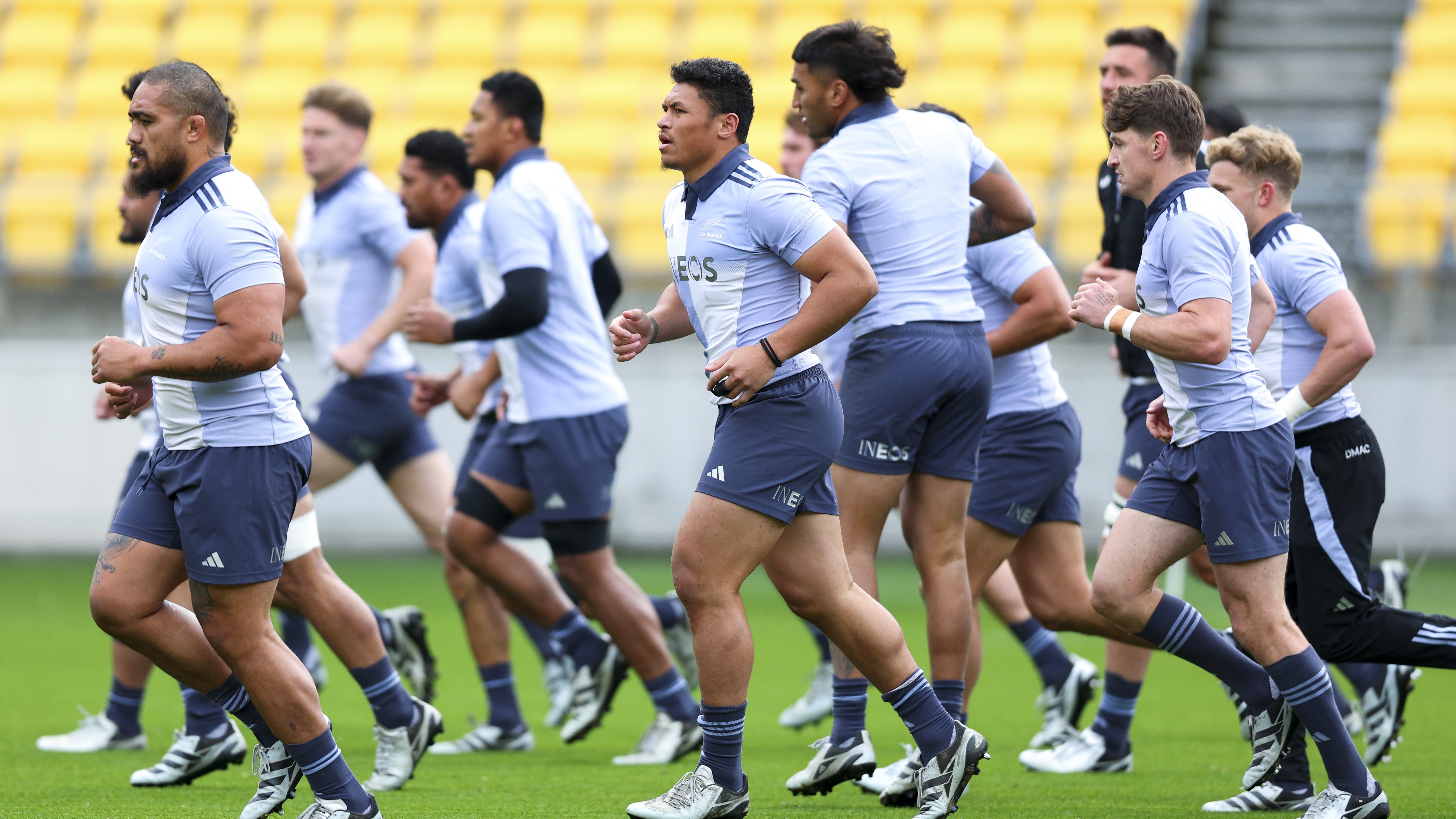 Players warm up during a New Zealand All Blacks training session at Sky Stadium on August 08, 2024 in Wellington, New Zealand. (Photo by Hagen Hopkins/Getty Images)