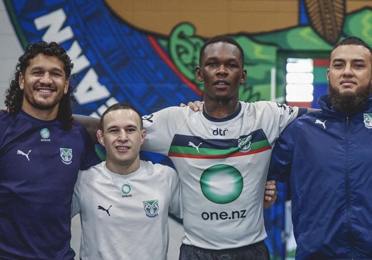 From left: Warriors outside back Dallin Watene-Zelezniak, UFC flyweight and Warriors wresting coach Kai Kara-France, UFC Champion Israel Adesanya and Warriors prop Addin Fonua-Blake. Photo / Instagram @nzwarriors