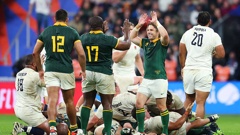 Faf de Klerk of South Africa celebrates after the team is awarded a penalty during the Rugby World Cup.