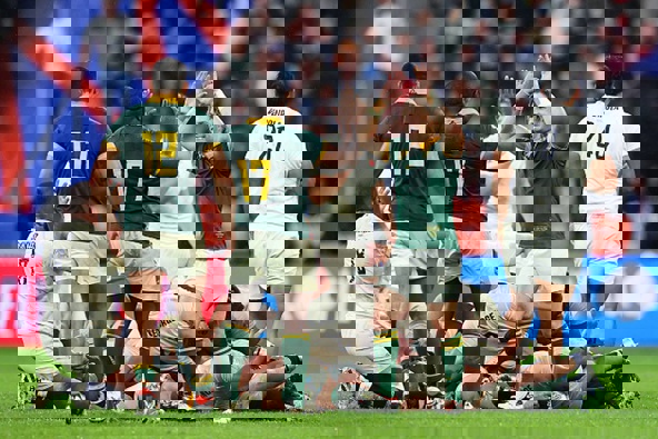 Faf de Klerk of South Africa celebrates after the team is awarded a penalty during the Rugby World Cup.
