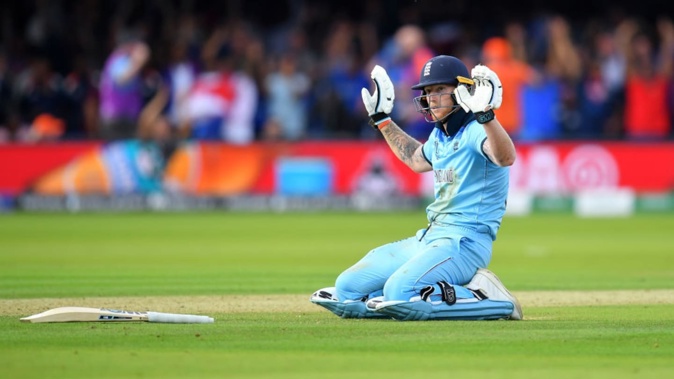Ben Stokes of England reacts after diving to make his ground during the final of the 2019 Cricket World Cup. Photo / Getty