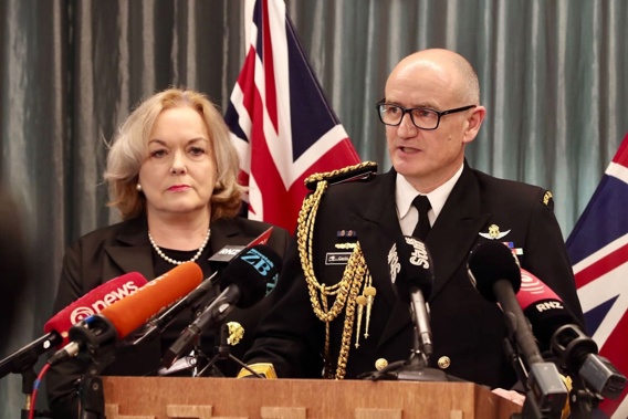 Defence Minister Judith Collins and Chief of Navy, Rear Admiral Garin Golding talk to meida in central Auckland about the wreck of HMNZS Manawanwui that sank off the coast of Samoa on Sunday. Photo / Jason Dorday